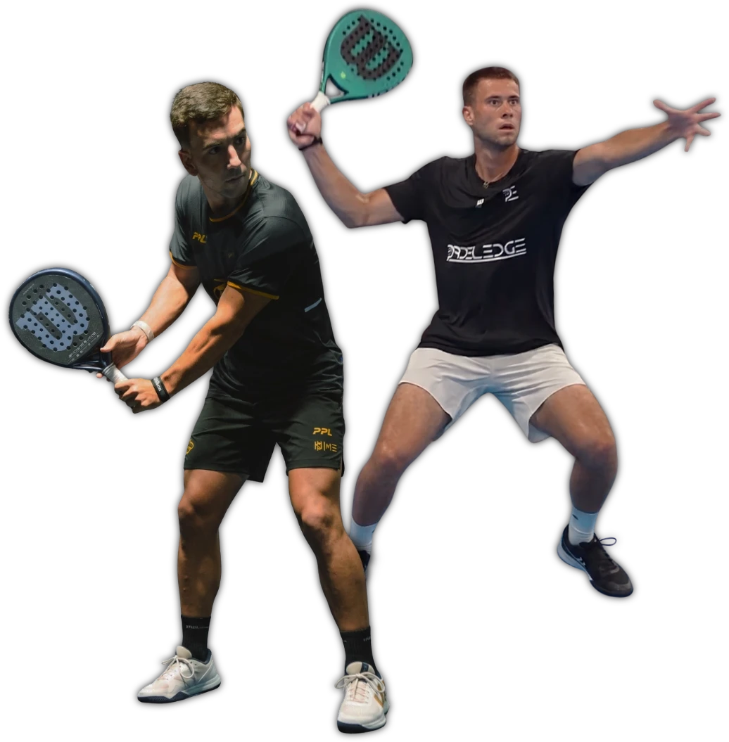 Two PadelEdge players mid-point: co-founder Guillermo Cagigas coiled into a backhand and a coach winding up for a bandeja